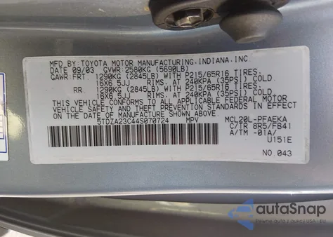 2004 Toyota Sienna Le from USA, damaged, VIN 5TDZA23C44S070724